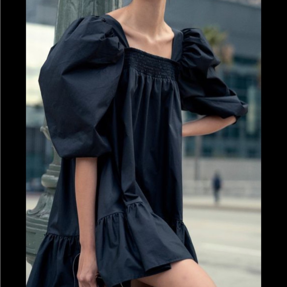 H&M Black Cottagecore Puff Sleeve Mini Dress | Tiered Smocked Fit , XS - M